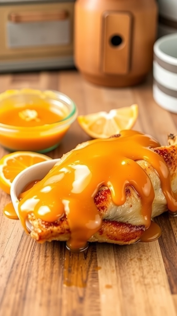 Butter orange glaze drizzled over roasted chicken with fresh orange slices.